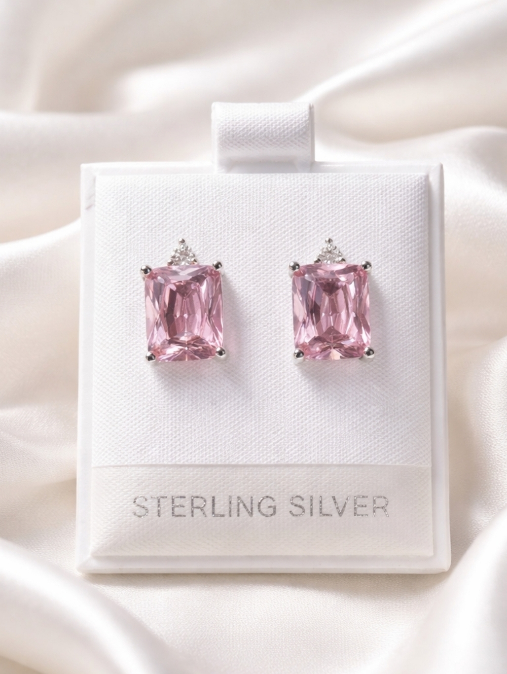 925 Sterling Silver Pink CZ Rectangular Earrings New